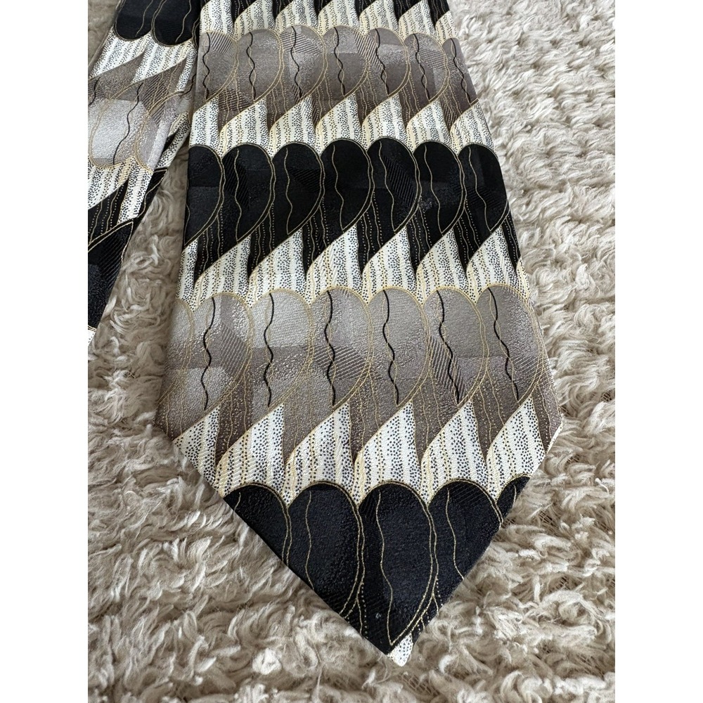 Franco de Napoli 100% Silk Geometric Handmade Gold Black White 59" L x 4"W - Picture 2 of 7